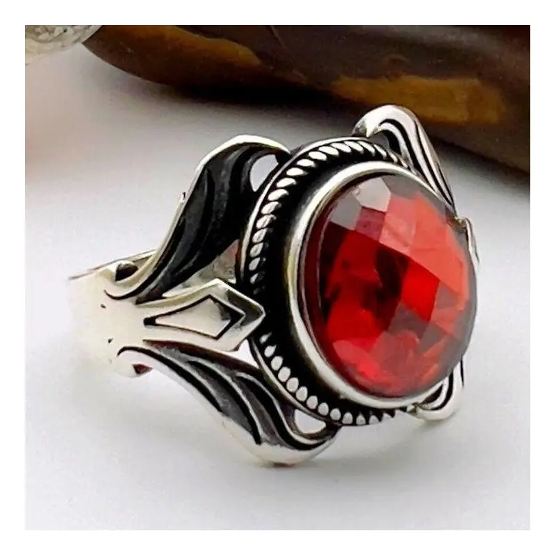 Artisan Crafted Unisex Red Zircon Oval 925 Sterling Silver Ring - Elegant Gift