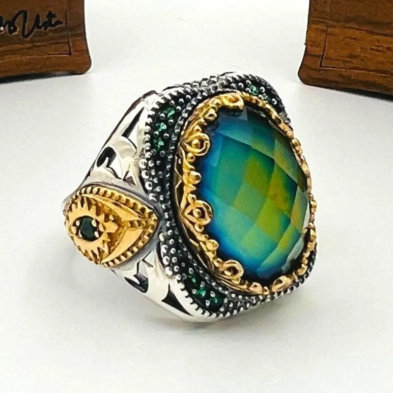 Authentic Turkish Handmade Men's 925 Sterling Silver Colormix Oval Stone Ring