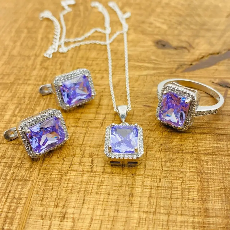 Exquisite 925 Sterling Silver Amethyst Jewelry Set for Women - Handmade Turkish Necklace, Ring & Earrings