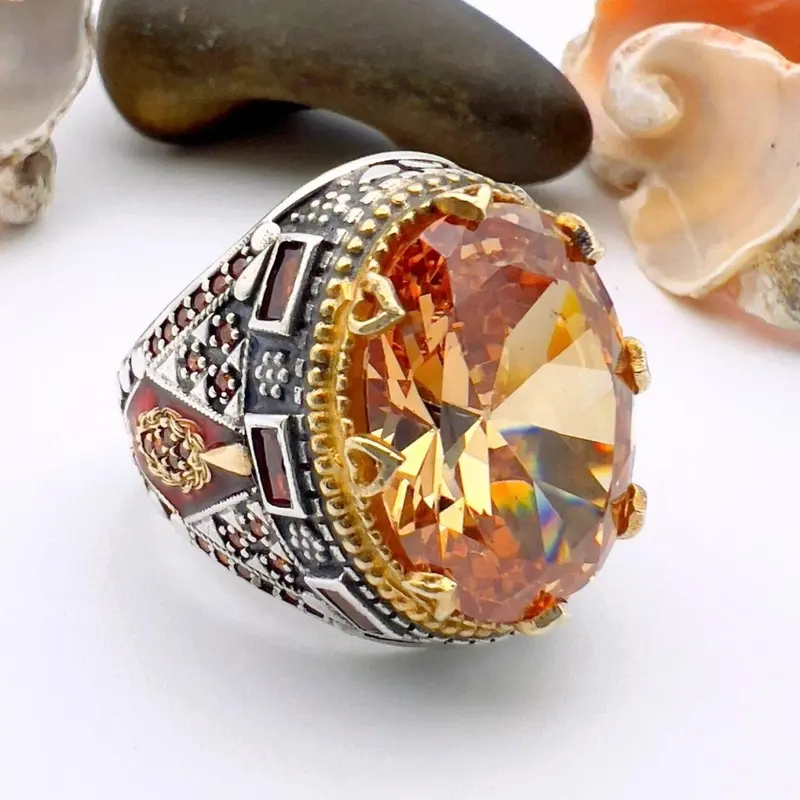 Exquisite Men's Champagne Citrine Sterling Silver Ring | Handmade Turkish Jewelry