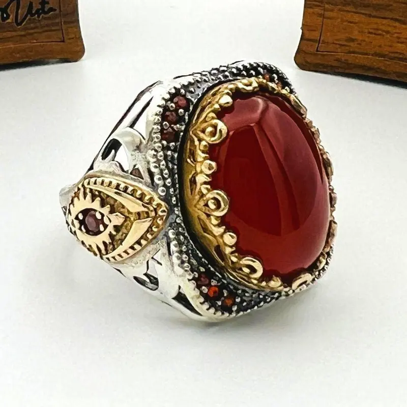 Handcrafted Men's Red Agate Sterling Silver Ring | Ottoman Style Statement Jewelry