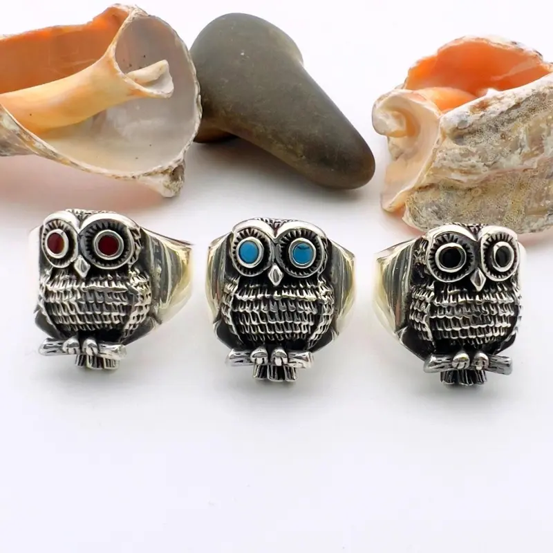 Handmade 925 Sterling Silver Owl Ring with Turquoise, Agate & Onyx Stones | Unisex Animal Jewelry
