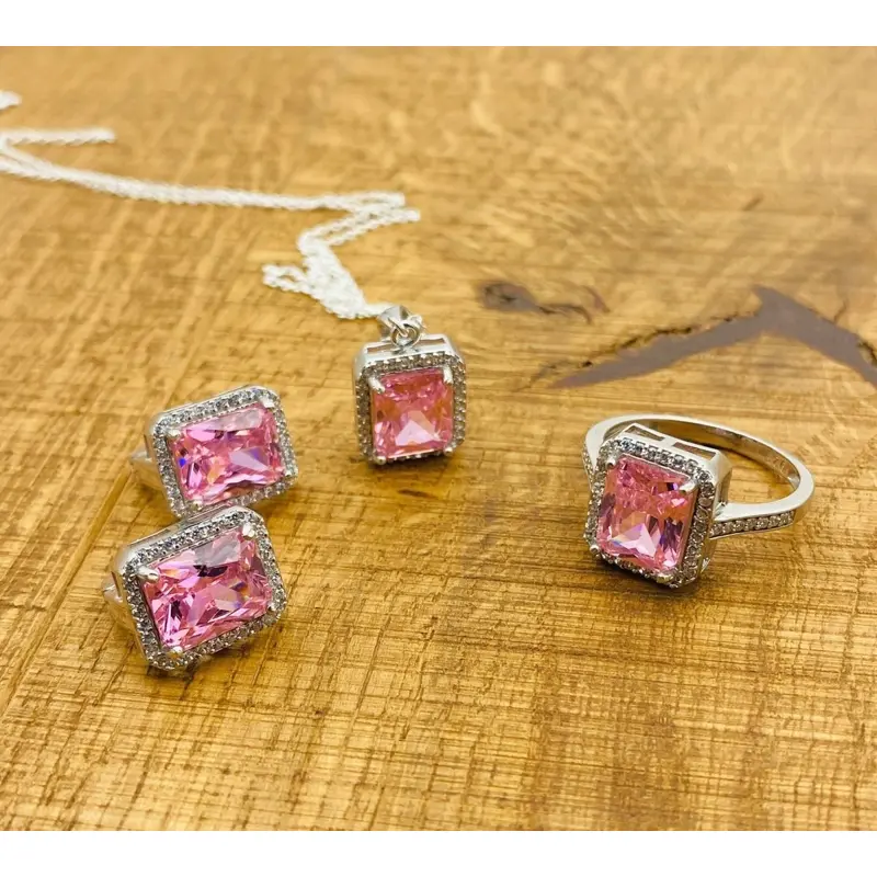 Handmade 925 Sterling Silver Pink Morganite Jewelry Set for Women - Ring, Necklace & Earrings Gift