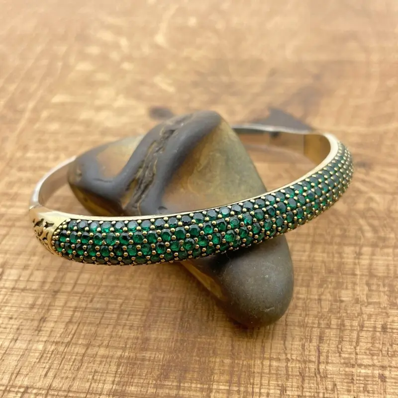 Handmade Green Emerald Bangle Bracelet for Women - Adjustable 925 Sterling Silver Jewelry Gift