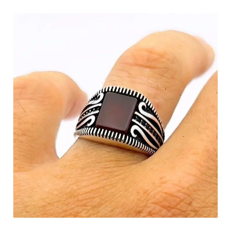 Handmade Men's 925 Sterling Silver Red Agate Statement Ring - Timeless Turkish Jewelry Gift