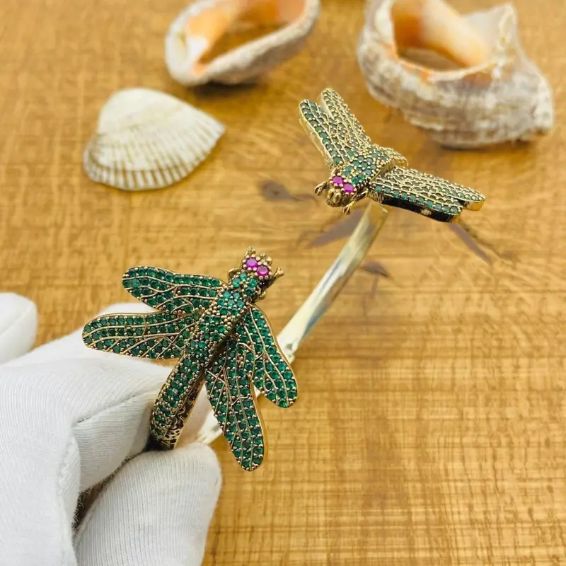 Handmade Turkish 925 Sterling Silver Emerald Butterfly Bracelet - Adjustable for Women