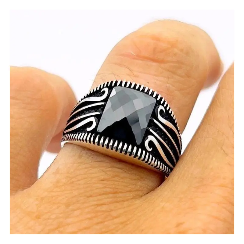Handmade Turkish 925 Sterling Silver Men's Ring with Black Zircon Stone - Modern & Bold Statement