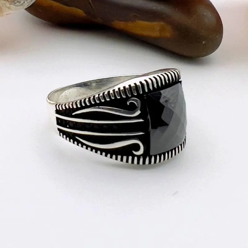 Men's 925 Sterling Silver Square Black Zircon Statement Ring - Handmade Turkish Jewelry