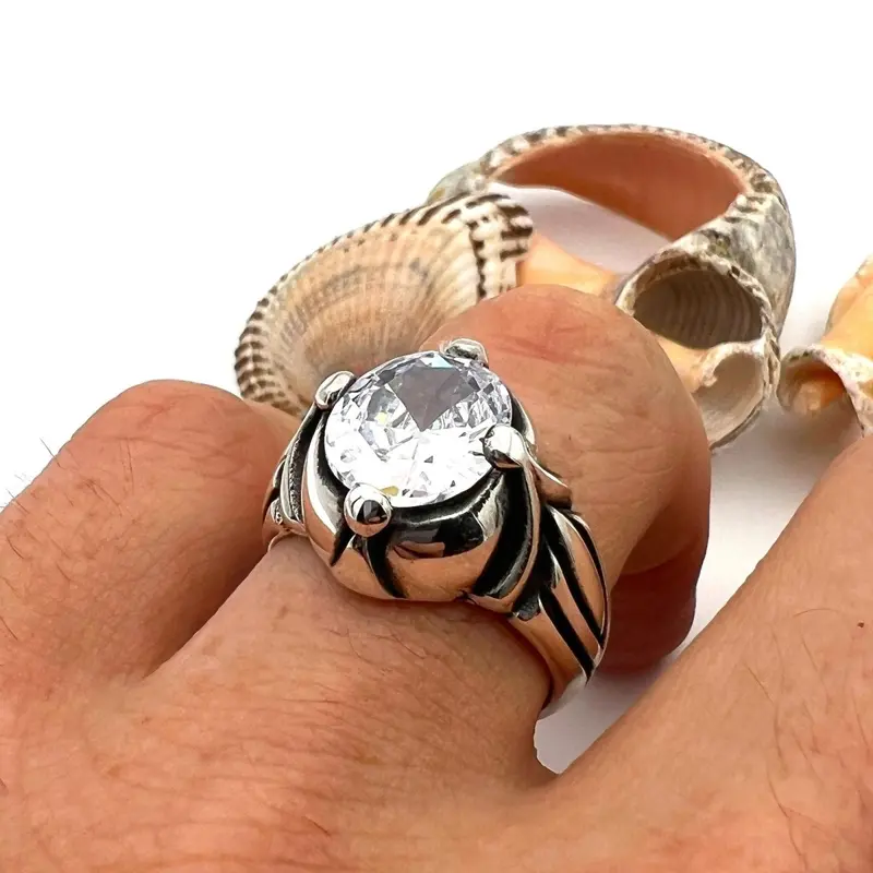 Men's Handcrafted 925 Sterling Silver Ring | Dazzling White Zircon Stone | Elegant Gift for Him