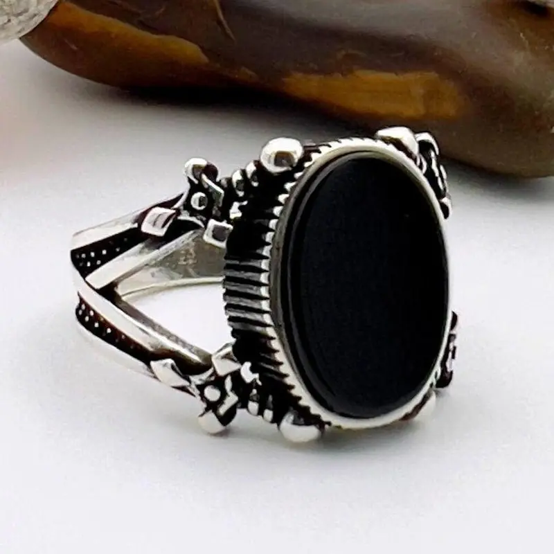 Men's Handcrafted Black Onyx Sword Ring | 925 Sterling Silver Statement Jewelry