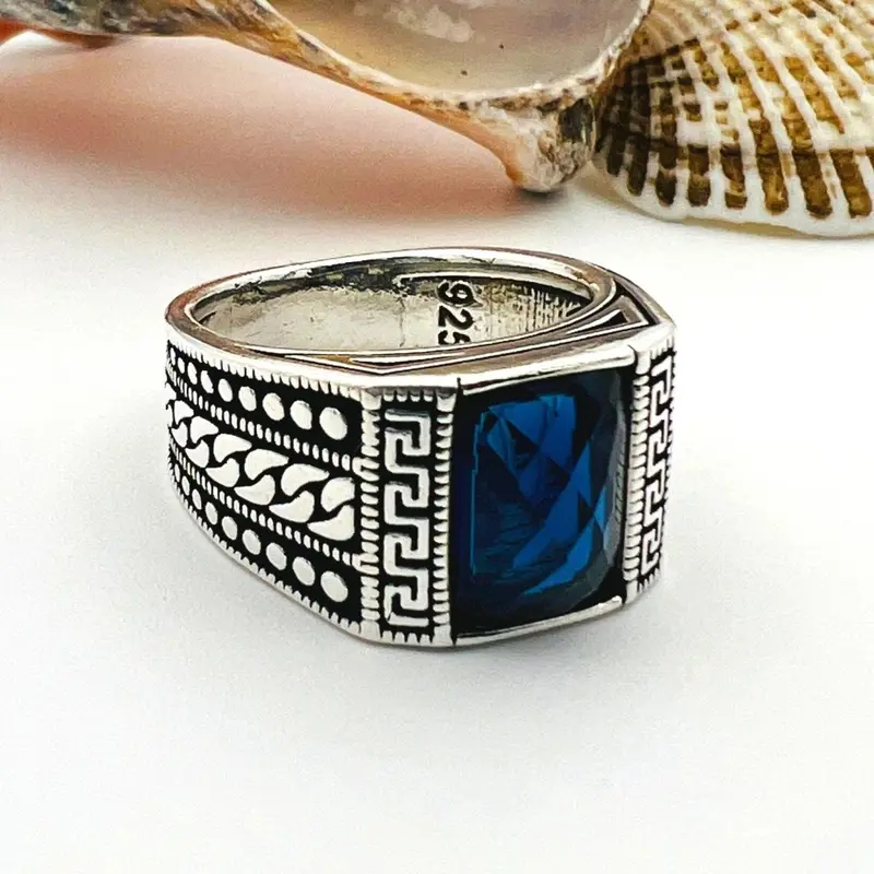 Men's Handcrafted Blue Sapphire Sterling Silver Minimalist Ring