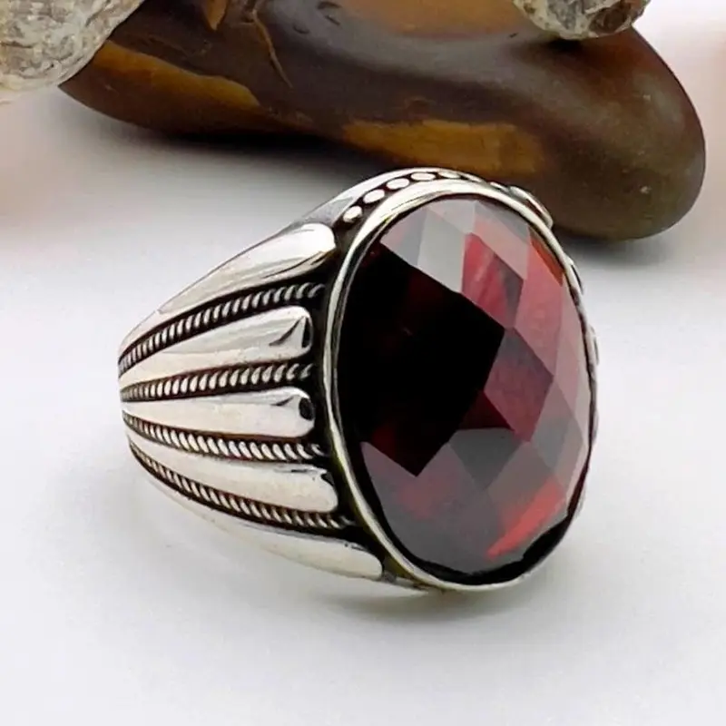 Men's Handcrafted Red Zircon Oval 925 Sterling Silver Ring