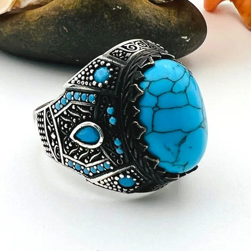 Men's Handcrafted Sterling Silver Blue Topaz Turquoise Ring - Ottoman Style Statement Jewelry Gift