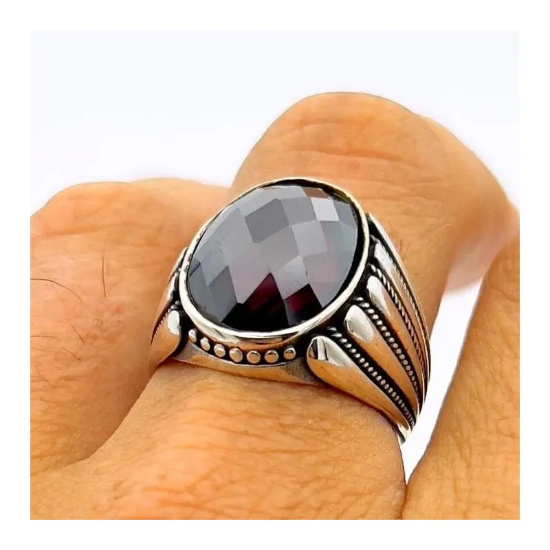 Men's Handmade 925 Sterling Silver Red Zircon Statement Ring | Turkish Inspired Design