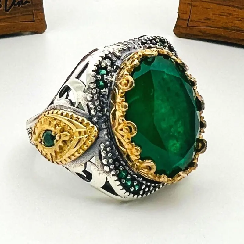 Men's Handmade Green Tourmaline 925 Sterling Silver Ottoman Ring - Unique Oval Design