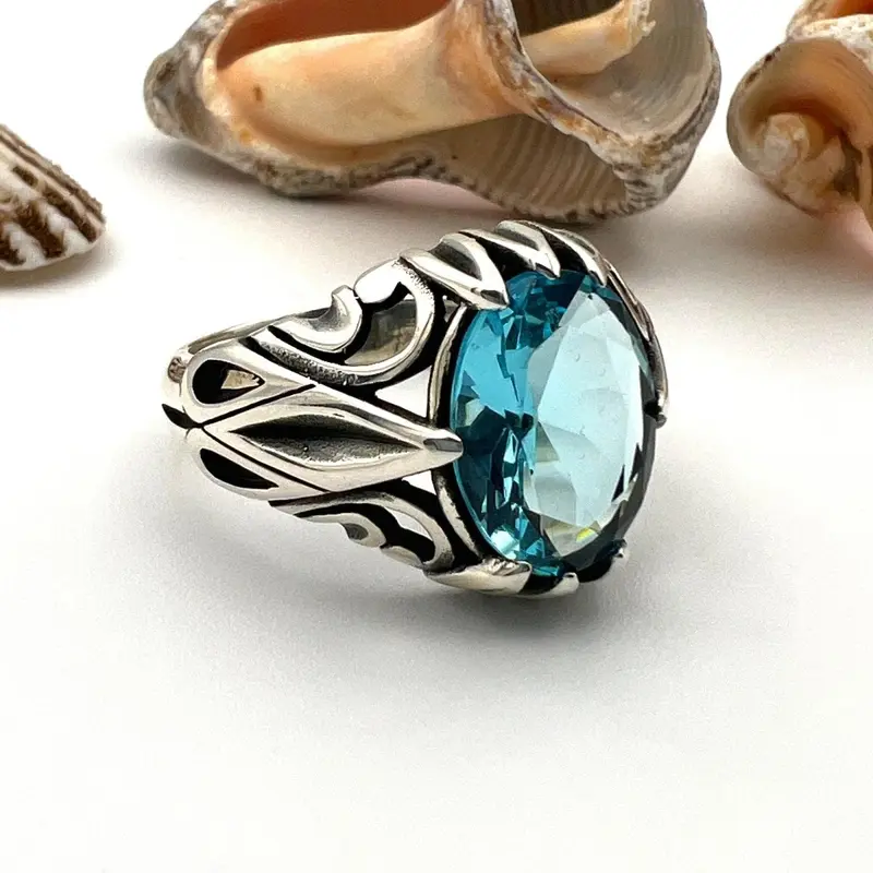 Men's Handmade Ottoman Aquamarine Blue 925 Sterling Silver Ring - Unique Statement Gift