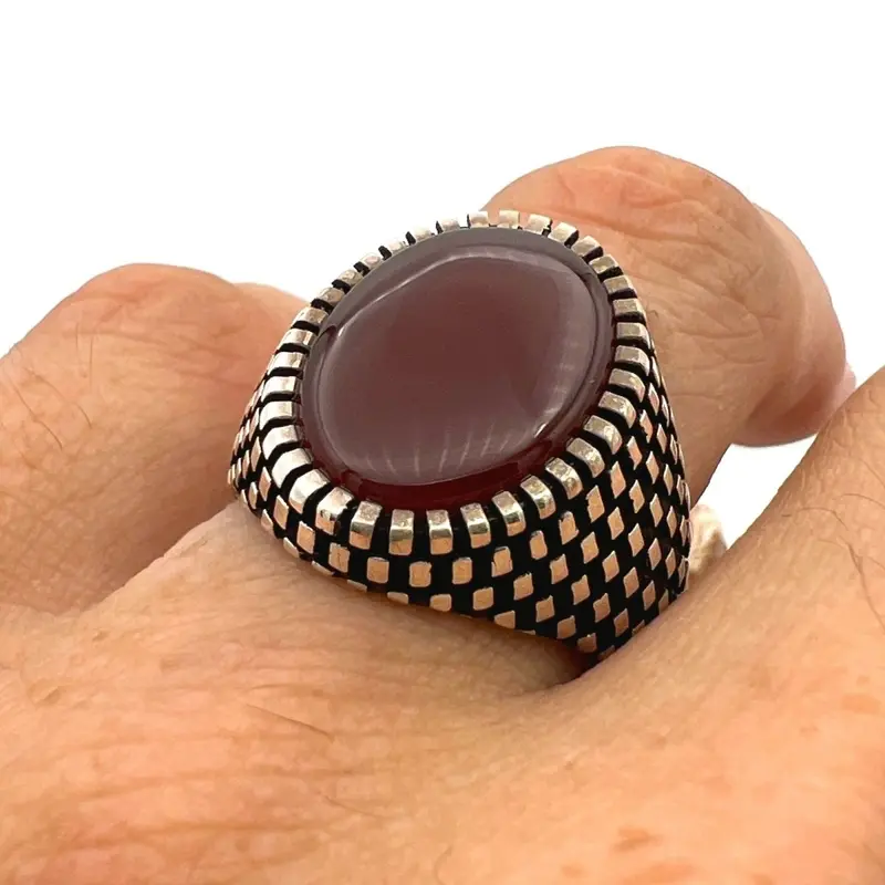 Men's Handmade Red Agate Sterling Silver Ring - Turkish Inspired Statement Jewelry Gift