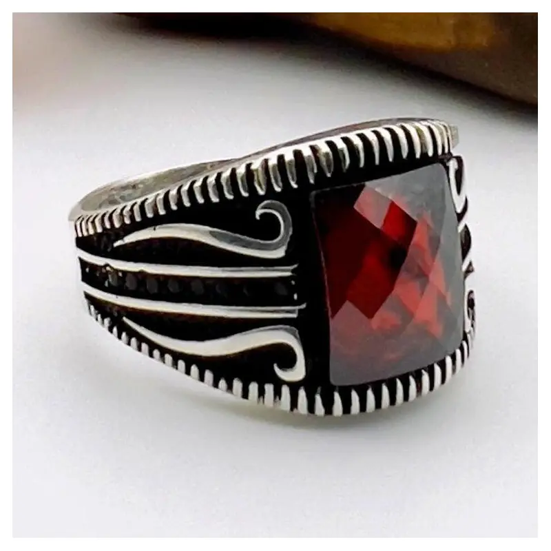 Men's Handmade Turkish 925 Sterling Silver Square Red Zircon Ring | Bold Statement Jewelry Gift