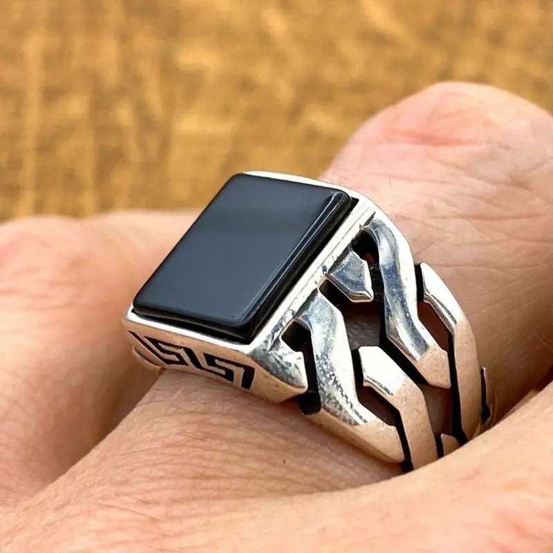 Men's Turkish Handmade 925 Sterling Silver Black Onyx Square Stone Ring