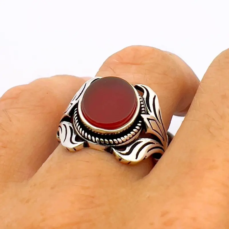 Men's Turkish Handmade Ottoman-Style 925 Sterling Silver Red Agate Ring