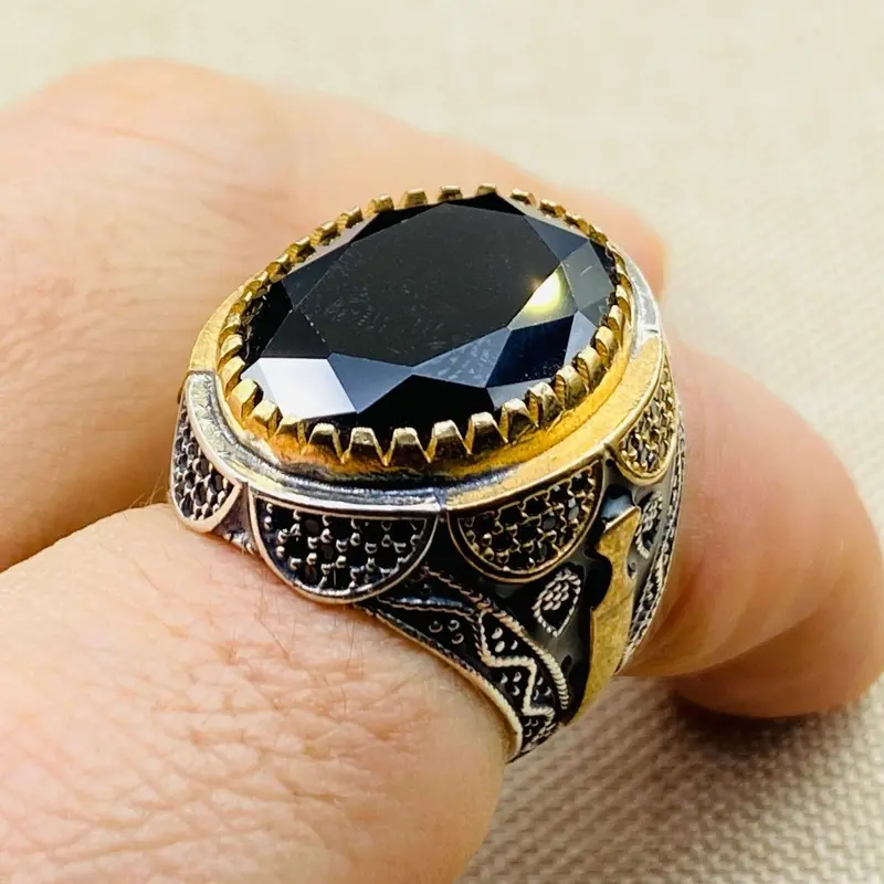 Ottoman Inspired Men's Handmade 925 Sterling Silver Black Onyx Ring - Timeless Gift for Him