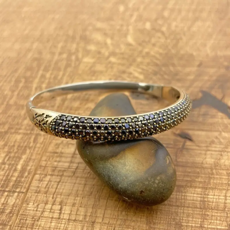 Turkish Handmade 925 Sterling Silver Black Onyx Bangle Bracelet - Elegant Women's Jewelry