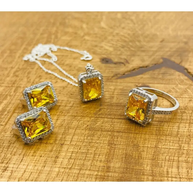 Turkish Handmade 925 Sterling Silver Citrine Jewelry Set for Women | Necklace, Earrings & Ring | Elegant Gift