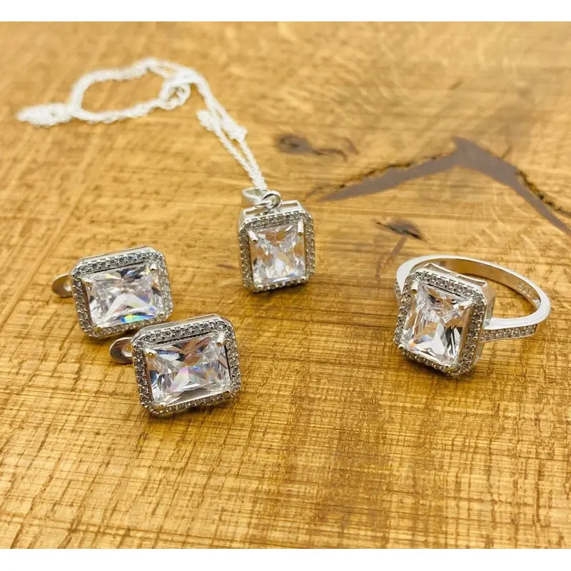 Turkish Handmade 925 Sterling Silver White Zircon Jewelry Set - Necklace, Ring & Earrings