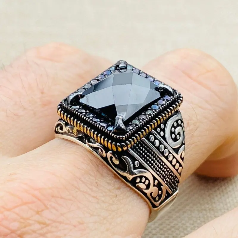 Turkish Handmade 925K Sterling Silver Men's Onyx Ring - Bold Black Onyx Stone Statement Jewelry for Him