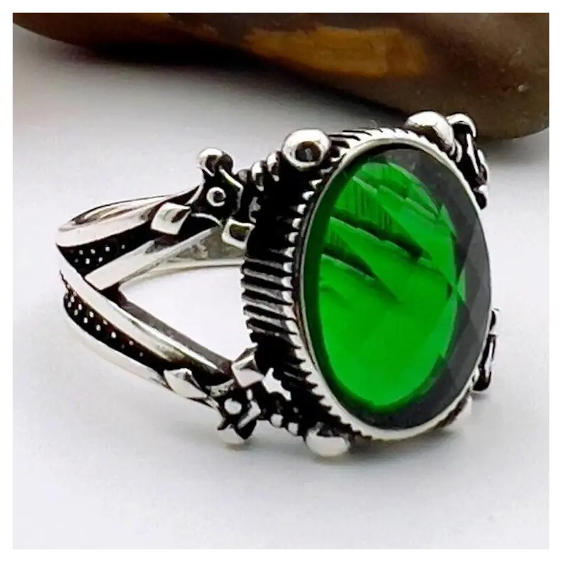 Turkish Handmade Green Emerald Men's Sterling Silver Sword Detail Statement Ring