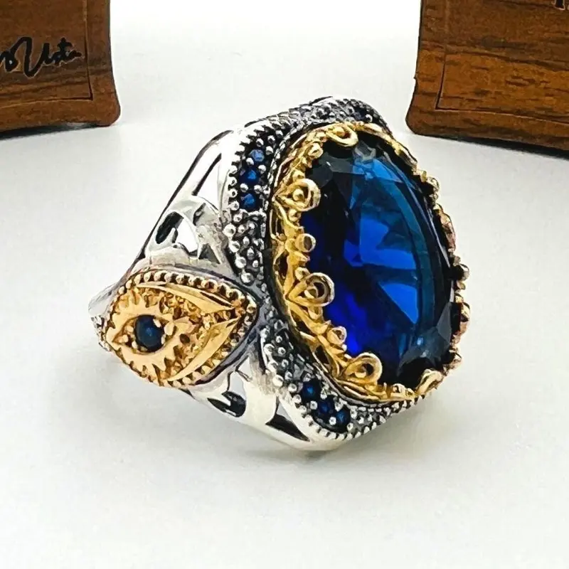 Turkish Handmade Men's Ottoman Blue Sapphire 925 Sterling Silver Ring