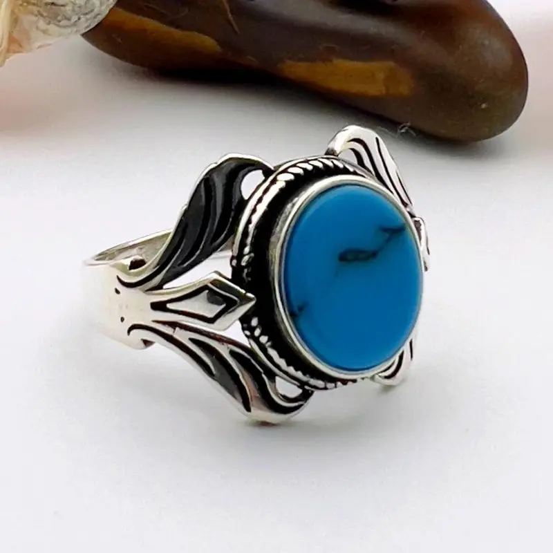 Unisex Handmade 925 Sterling Silver Blue Turquoise Oval Ring