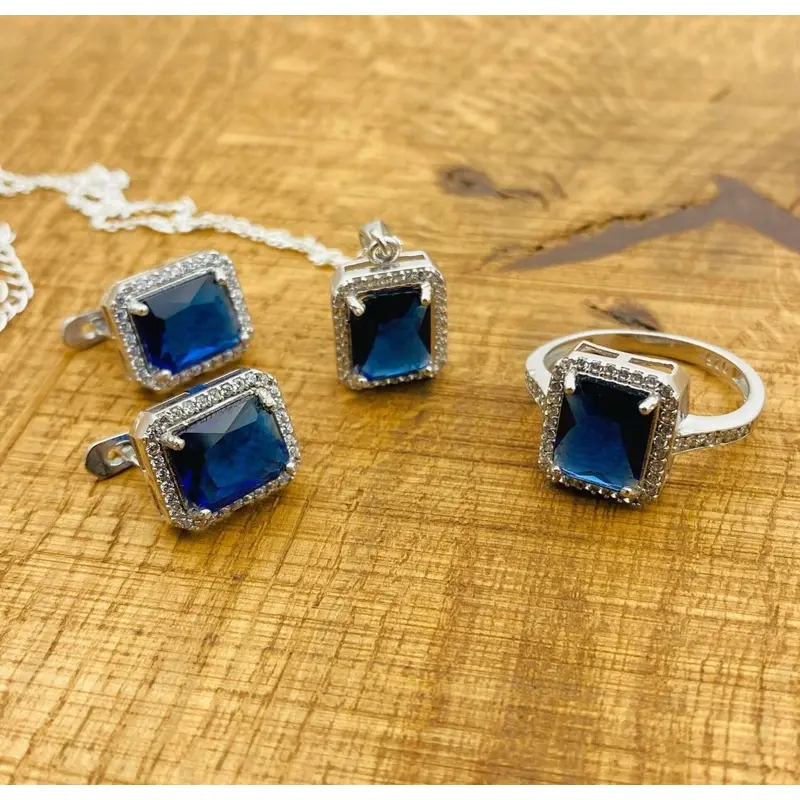 Women's Handmade Turkish 925 Sterling Silver Sapphire Jewelry Set - Necklace, Earrings & Ring