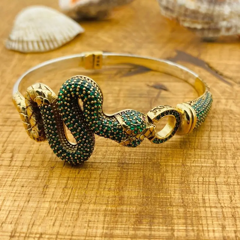 Artisan Handcrafted 925 Sterling Silver Green Emerald Snake Bracelet - Adjustable for Women | Luxury Gift