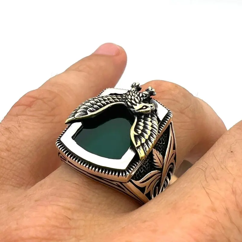 Distinctive Men's 925 Sterling Silver Green Agate Ring - Handcrafted Turkish Artisan Jewelry Gift