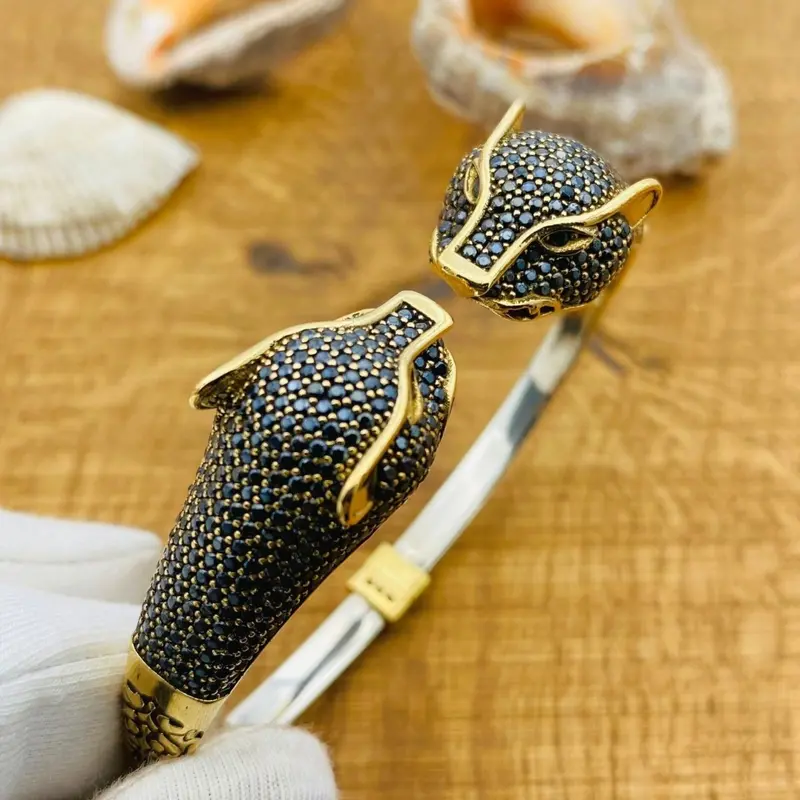 Exquisite Handmade 925 Sterling Silver Black Onyx Tiger Adjustable Bracelet for Women