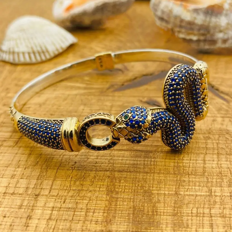 Exquisite Handmade Turkish 925 Sterling Silver Women's Blue Sapphire Snake Adjustable Bracelet