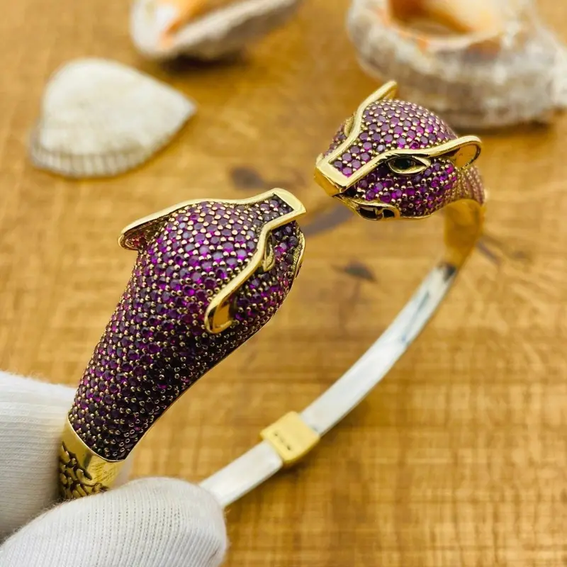 Exquisite Turkish Handmade 925 Sterling Silver Amethyst Tiger Head Adjustable Bracelet for Women