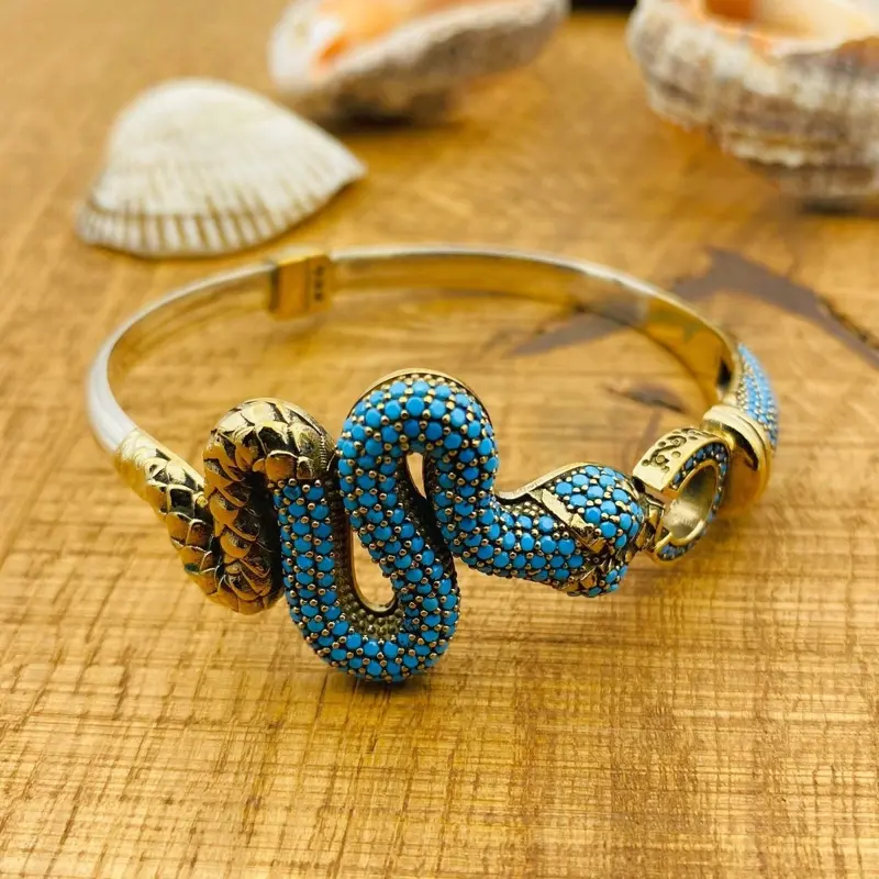 Handcrafted 925 Sterling Silver Turquoise Snake Bracelet - Adjustable for Women