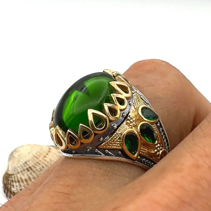 Handmade Men's Green Agate 925 Sterling Silver Ring - Authentic Turkish Craftsmanship & Gift for Him