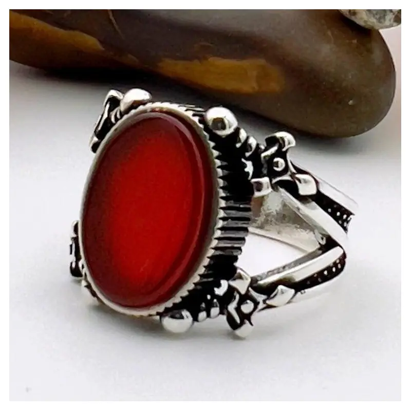 Handmade Turkish Men's 925 Sterling Silver Red Agate Stone Statement Ring