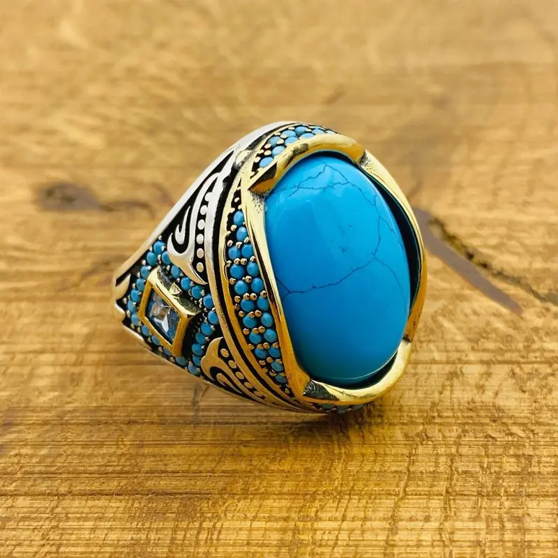 Handmade Turkish Men's Natural Turquoise 925 Sterling Silver Statement Ring