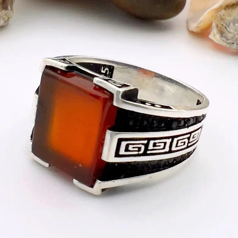 Men's Authentic Turkish Handmade Red Agate 925 Sterling Silver Ring