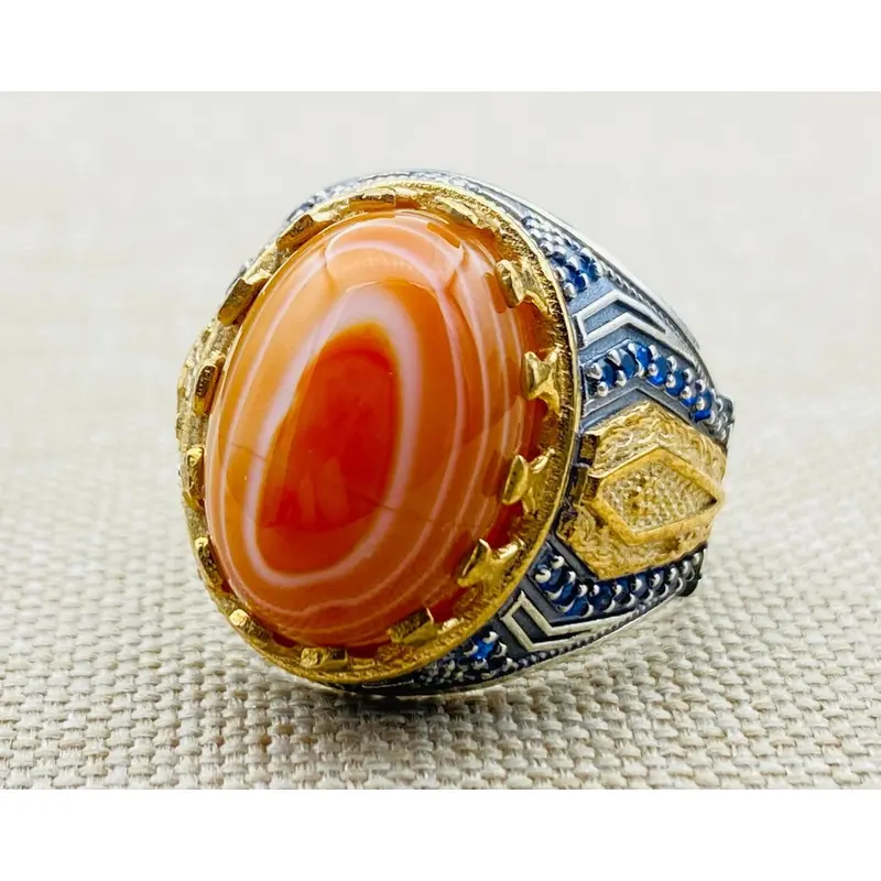 Men's Authentic Yemeni Aqeeq Orange Stone Ring - Handcrafted 925 Sterling Silver Ottoman Design