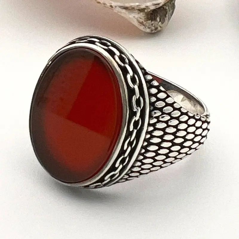 Men's Handcrafted Turkish 925 Sterling Silver Red Agate Statement Ring