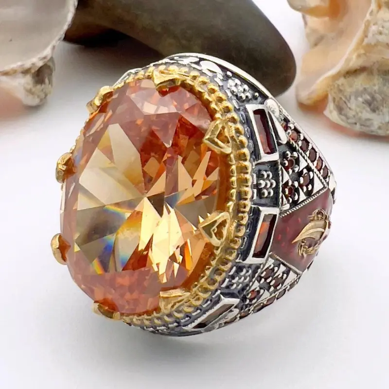 Men's Handmade Turkish 925 Sterling Silver Ring with Champagne Citrine Stone - Elegant Gift for Him