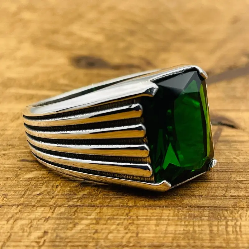 Men's Turkish Handmade 925 Sterling Silver Emerald Ring - Square Green Gemstone Jewelry Gift