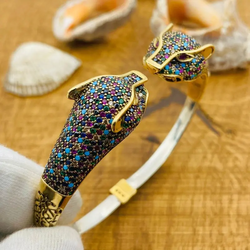 Turkish Handmade 925 Sterling Silver Adjustable Multi-Stone Tiger Head Bracelet for Women