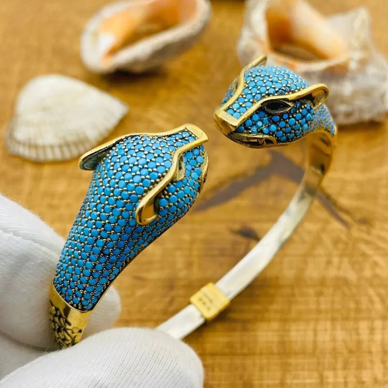 Turkish Handmade 925 Sterling Silver Adjustable Tiger Head Turquoise Bracelet