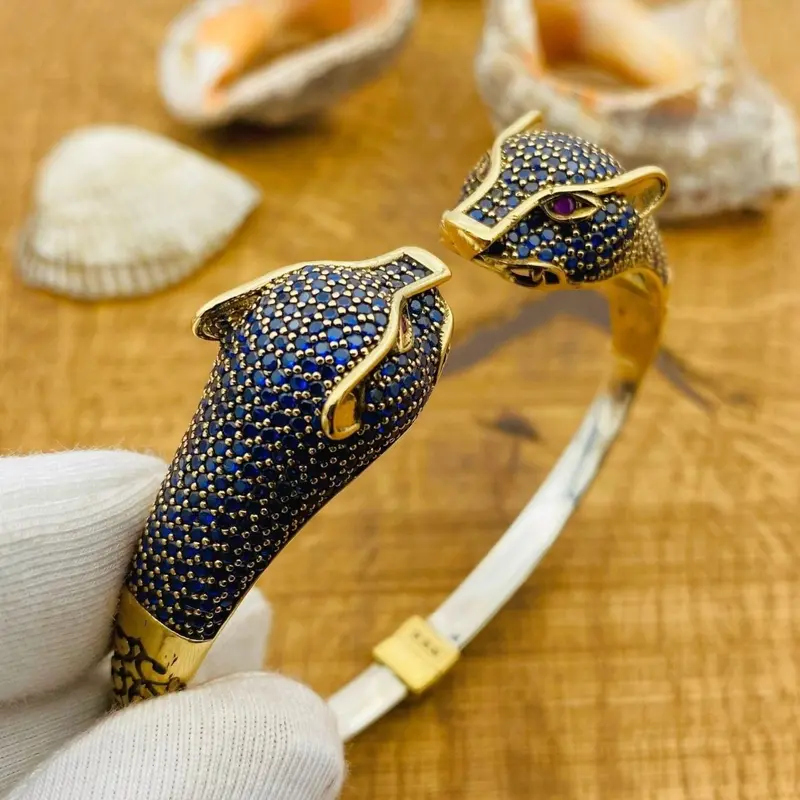 Turkish Handmade 925 Sterling Silver Blue Sapphire Tiger Adjustable Cuff Bracelet for Women
